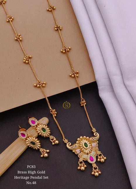 Floral Motif Pendant Set with Pink and Green Stones