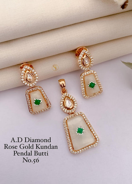 Trapezoid A.D Diamond Kundan Pendant Set with Green Accents