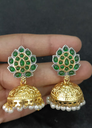 Gold-Plated Kundan Jhumkas with Earrings