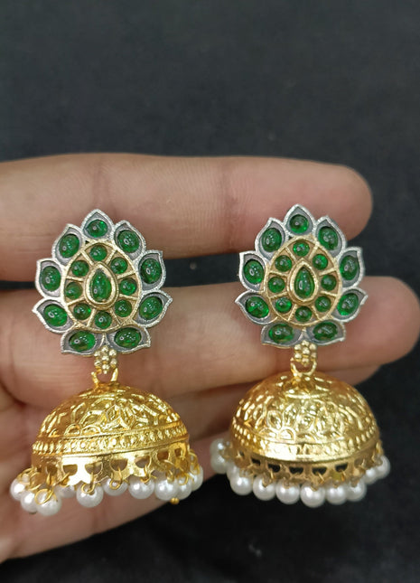 Gold-Plated Kundan Jhumkas with Earrings