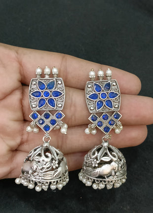Oxidized Jhumkas with Blue Stone