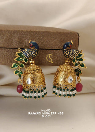 Rajwadi Mina Peacock Shape Jhumkis