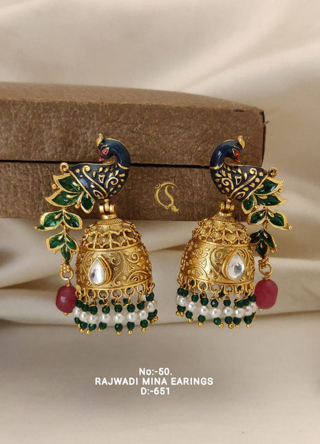 Rajwadi Mina Peacock Shape Jhumkis