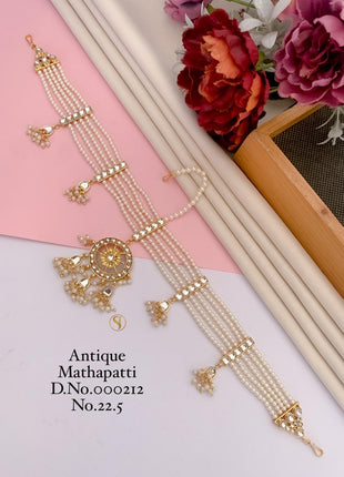 Antique Gold Maang Tikka with Kundan & Pearl Drops
