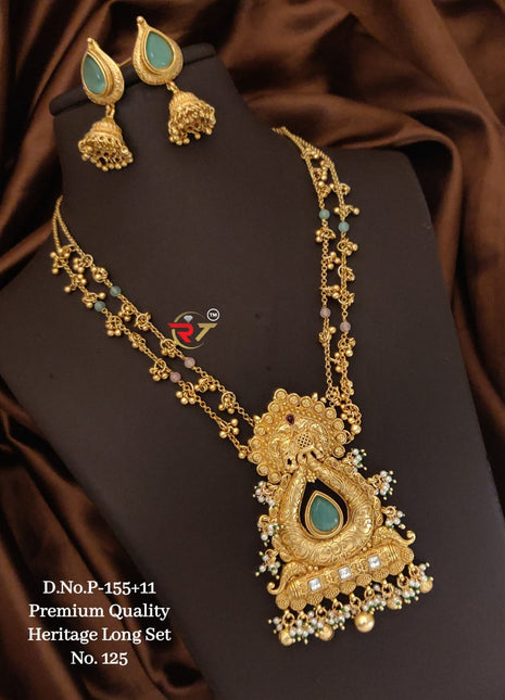 Antique Gold Peacock Pendant Set with Green and Maroon Stones