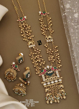 Traditional Temple Style Pendant Set with Red and Green Stones