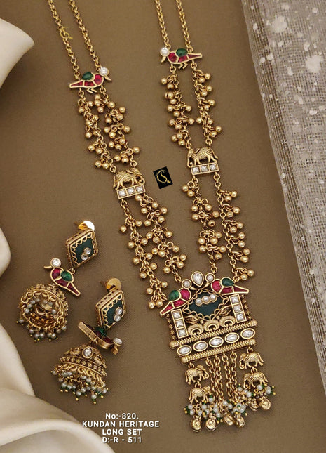 Traditional Temple Style Pendant Set with Red and Green Stones