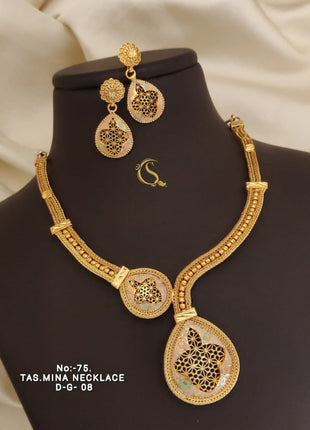 Gold-Tone Circular Pendant Set with Green Center Stone