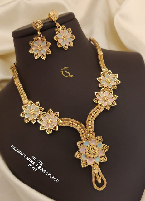 Ethnic Green Stone Pendant Set with Floral Gold Accents