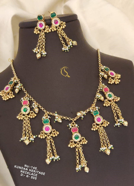 Traditional Red & Gold Pendant Set with Stone Work