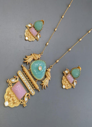 Antique Finish Multicolor Pendant Set with Earrings – Ideal for Festival Wear