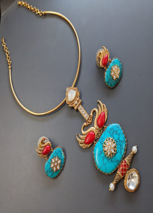 Kundan Pendant Set with Green Drops – Perfect for Wedding Wear