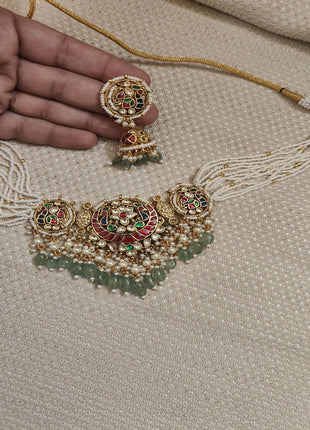 Gold-Plated Kundan Pendant Set with Pearl Drops – Perfect for Wedding Wear
