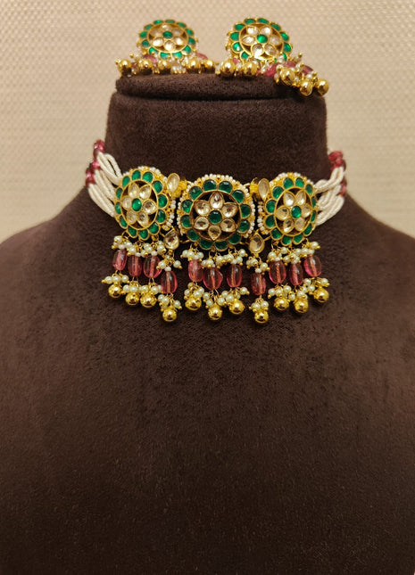 Classic Temple Pendant Set with Red and White Stones – Perfect for Festival Wear