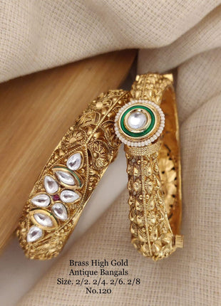 Antique Bangles with Leaf Design and Kundan Cluster